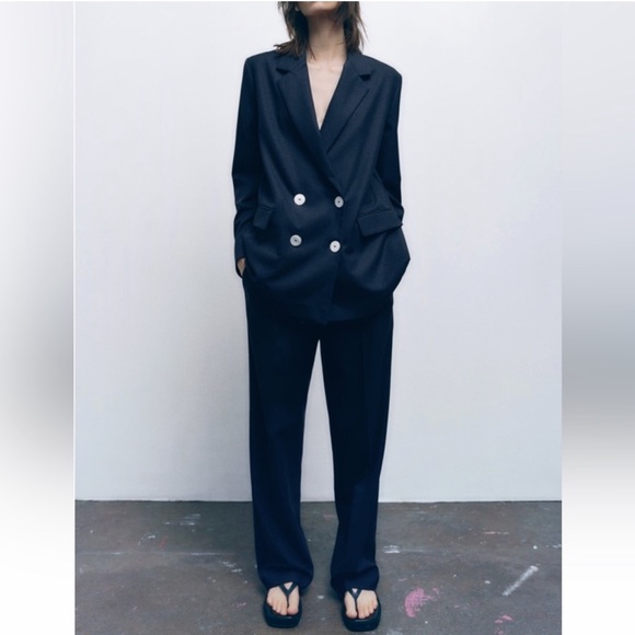 ZARA NAVY BLUE DOUBLE BREASTED BLAZER - Picture 4 of 14